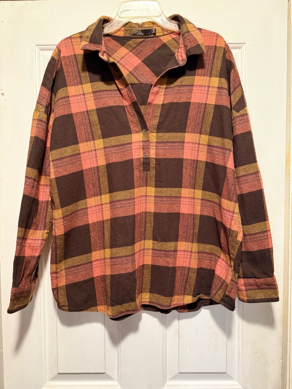 Prana Plaid Button Pullover - Brown, Orange & Mustard